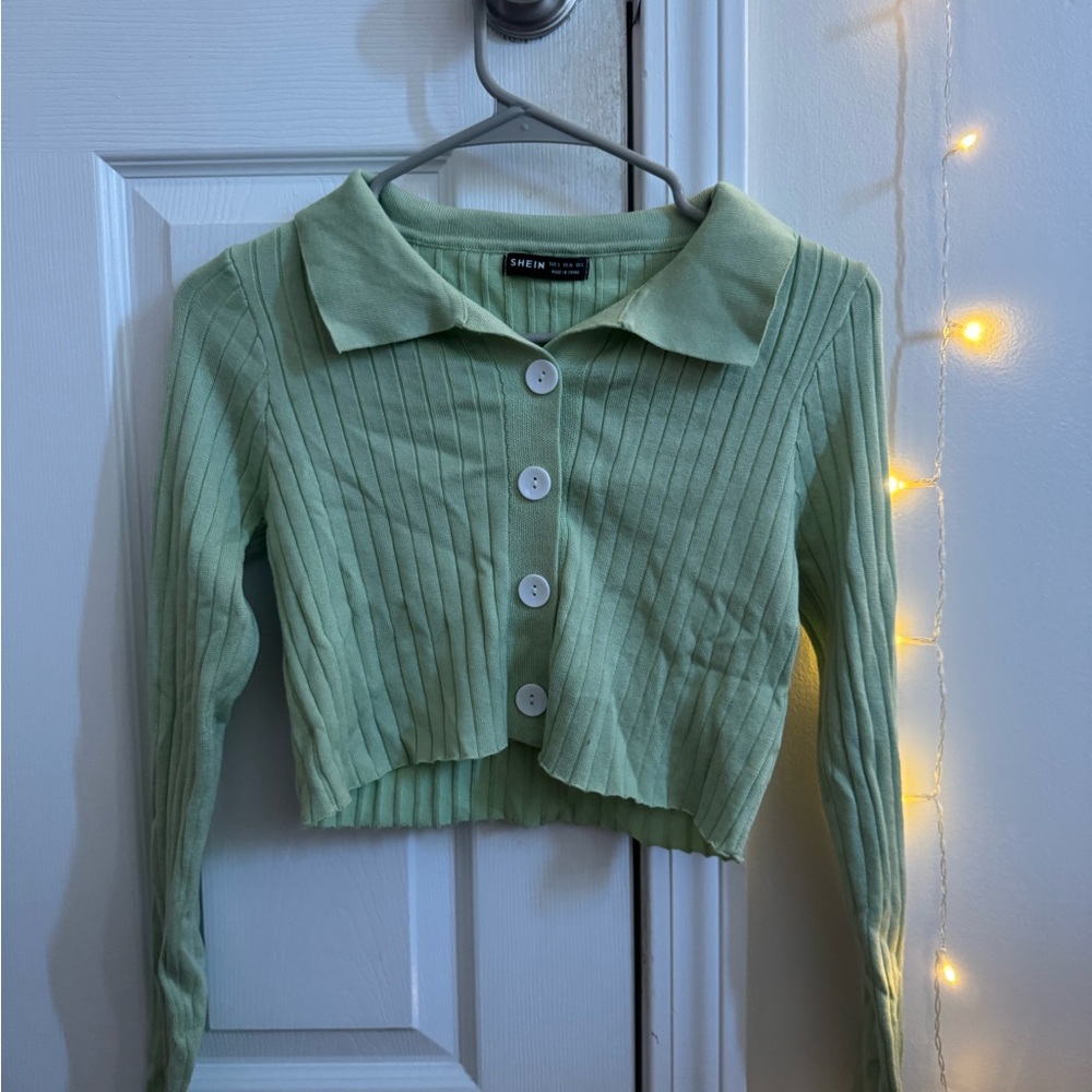SHEIN Green Cropped Cardigan with Polo Collar